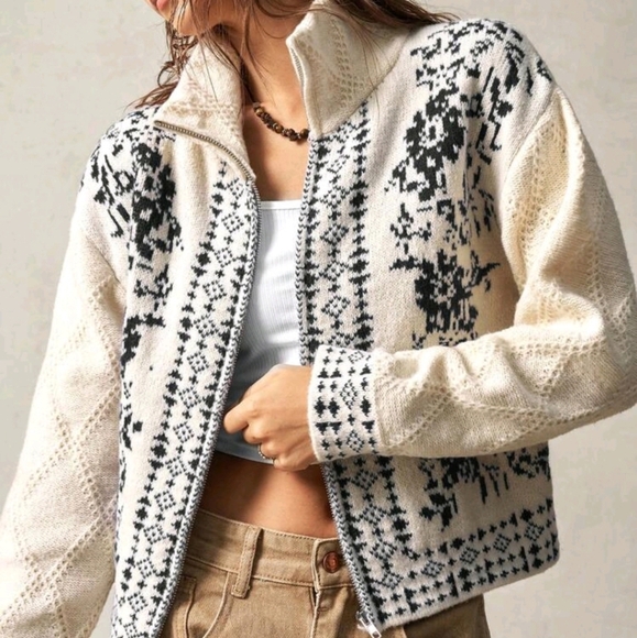 Sweaters - Ladies White High Collar Open Front Sweater, Suitable For Holiday Wear